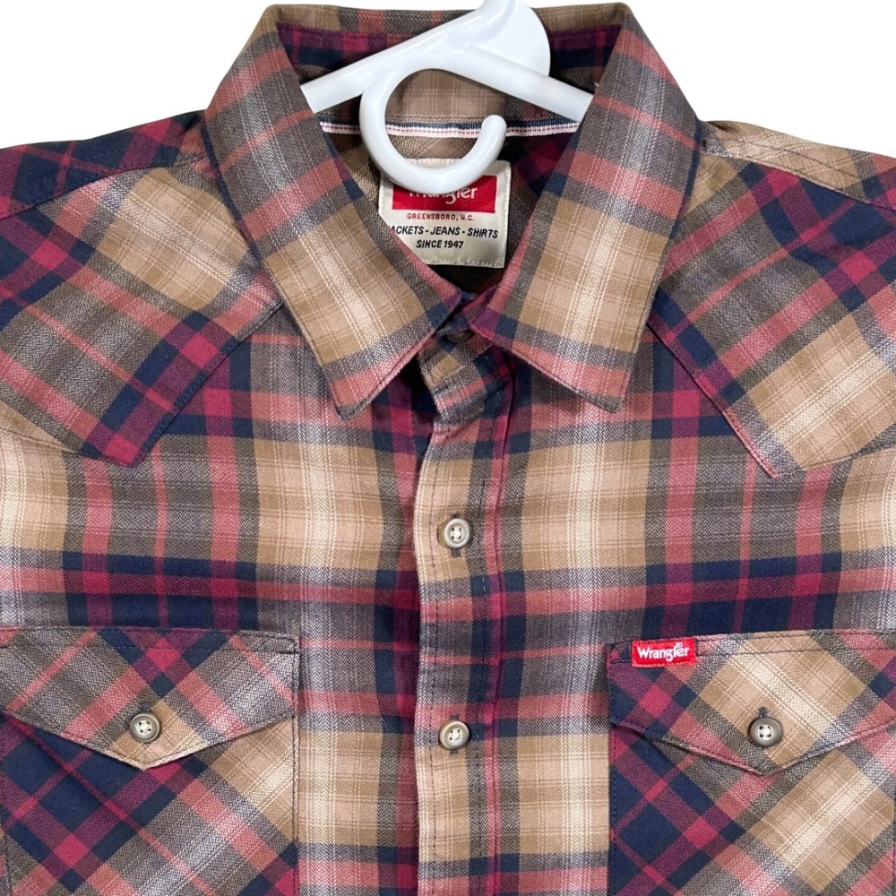 Wrangler‎ Mens Five Star Premium Plaid Western Button Up Shirt Brown Burgundy M